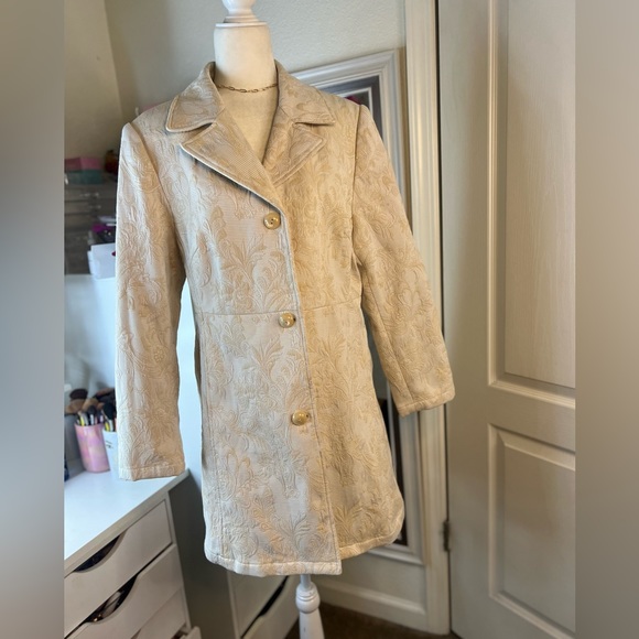 Vintage Esprit Y2K sz xl ivory tapestry textured trench coat jacquard 0485 - Picture 1 of 4